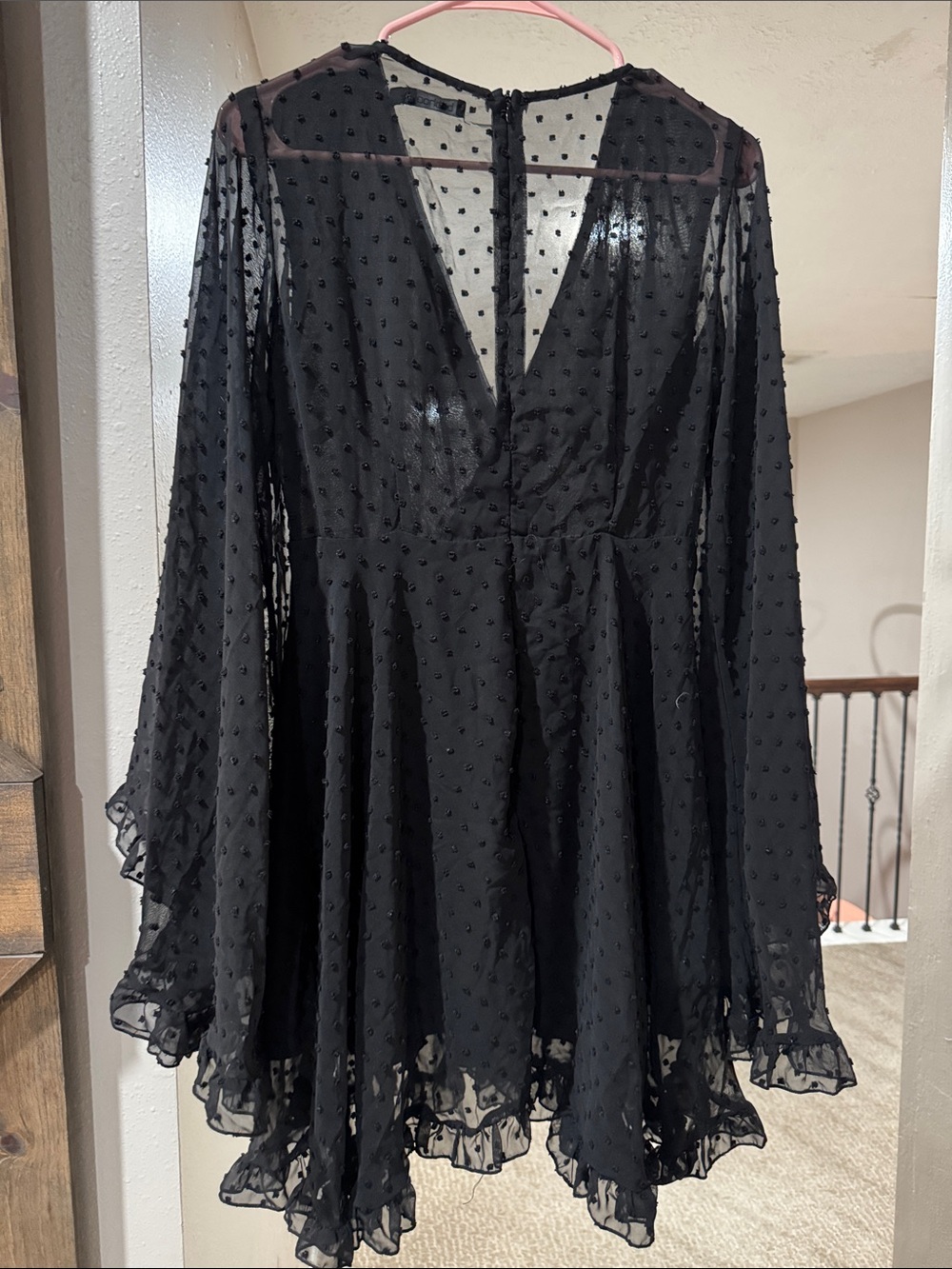 Boohoo Black Sheer Swiss Dot Ruffle V-Neck Tunic Dress - Picture 4 of 4